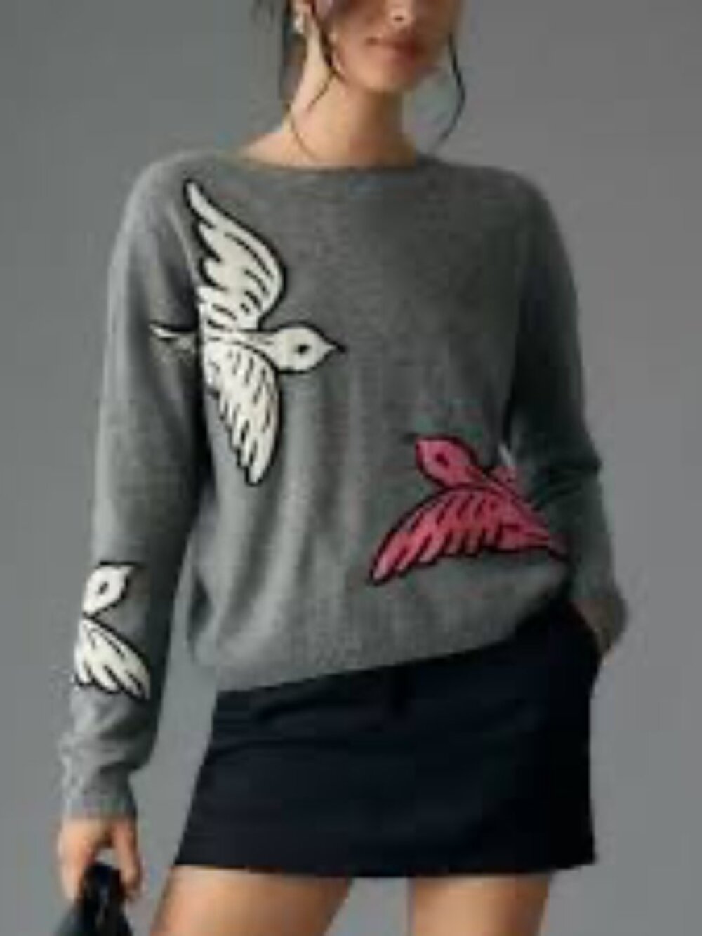 Maeve Anthropologie Adventure Cashmere Sweater Gray Bird Intarsia S
